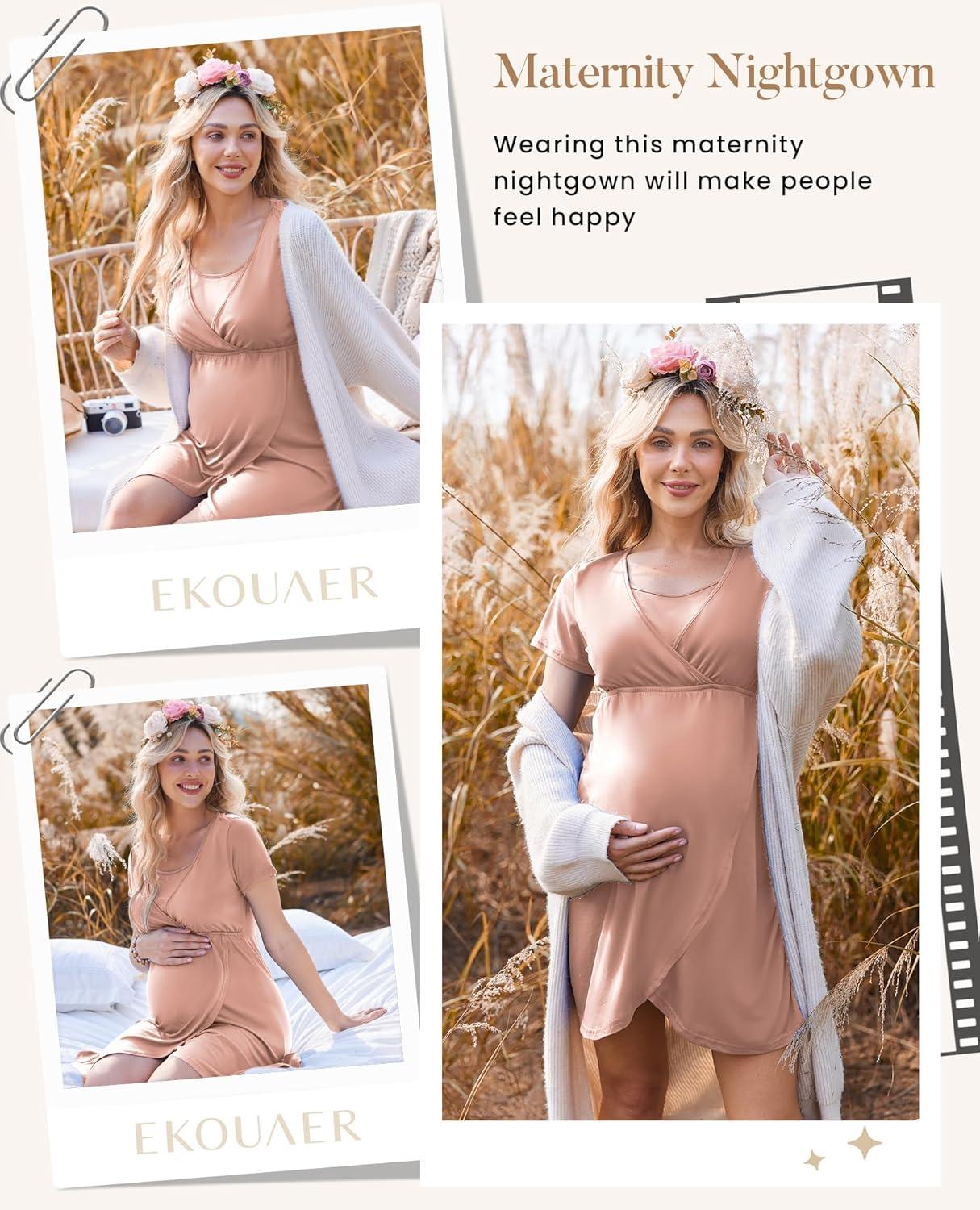 imageEkouaer Nursing Nightgown 3 In 1 Maternity Nightgown Short Sleeve Nursing Gown Breasfeeding Sleepwear Delivery DressLight Pink