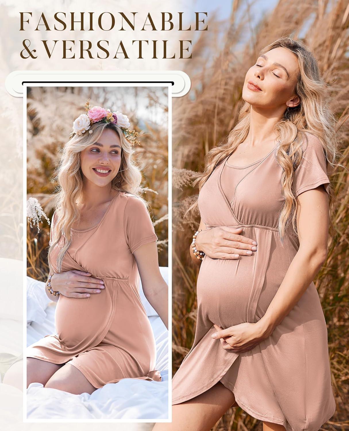 imageEkouaer Nursing Nightgown 3 In 1 Maternity Nightgown Short Sleeve Nursing Gown Breasfeeding Sleepwear Delivery DressLight Pink