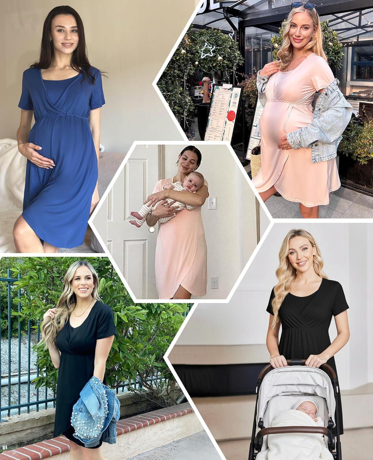 imageEkouaer Nursing Nightgown 3 In 1 Maternity Nightgown Short Sleeve Nursing Gown Breasfeeding Sleepwear Delivery DressLight Pink