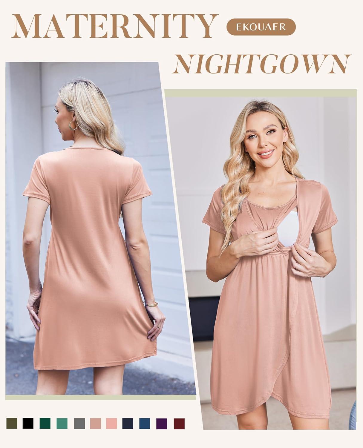 imageEkouaer Nursing Nightgown 3 In 1 Maternity Nightgown Short Sleeve Nursing Gown Breasfeeding Sleepwear Delivery DressLight Pink