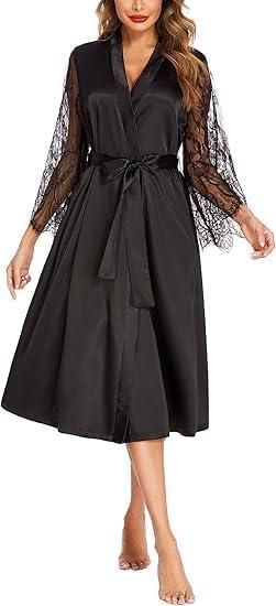 imageEkouaer Womens Floral Lace Kimono Robe Long Sleeves Dressing Gown Bathrobe Bride Robe NightwearBlack