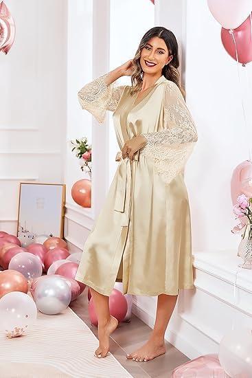 imageEkouaer Womens Floral Lace Kimono Robe Long Sleeves Dressing Gown Bathrobe Bride Robe NightwearDark Pink