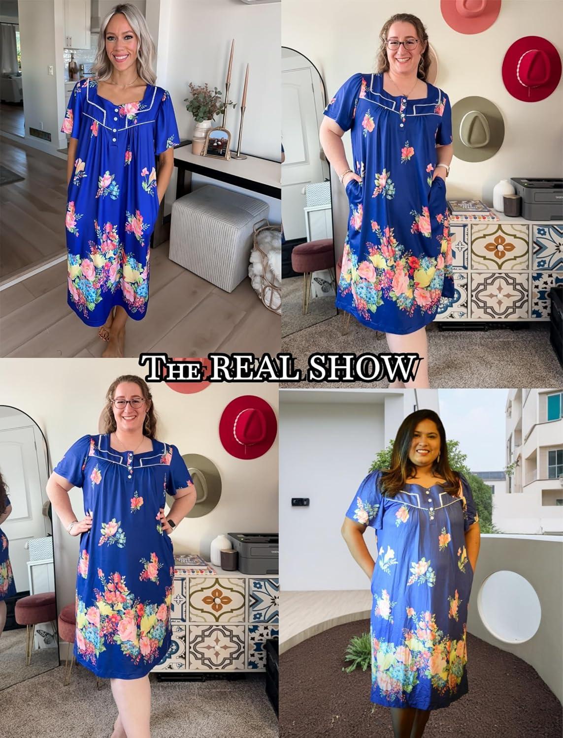 imageEkouaer Womens House Dress with Pockets Moomoo Dresses Short Sleeve Mumu Nightgown Lounge Dress Button Down SleepwearBloom