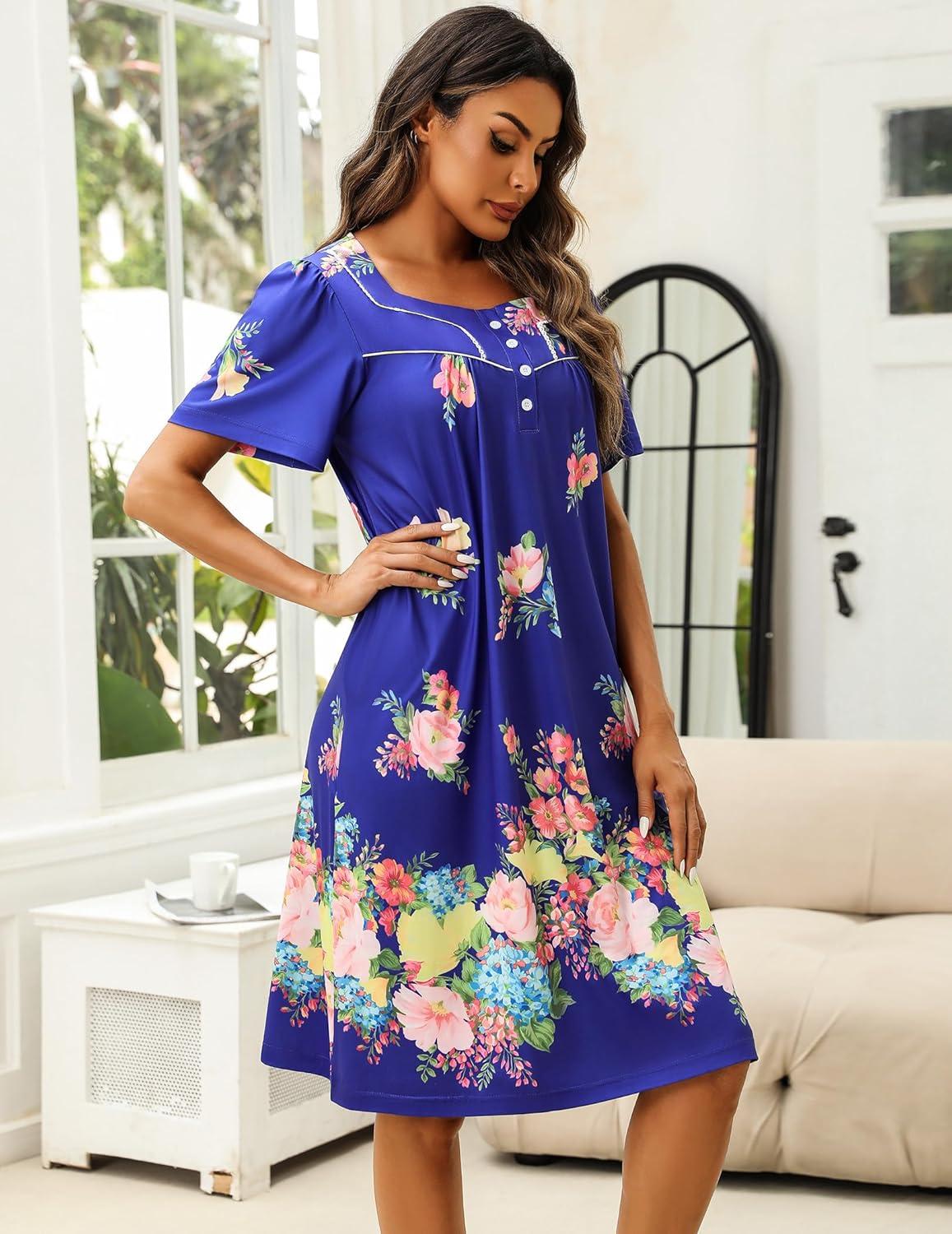 imageEkouaer Womens House Dress with Pockets Moomoo Dresses Short Sleeve Mumu Nightgown Lounge Dress Button Down SleepwearBloom