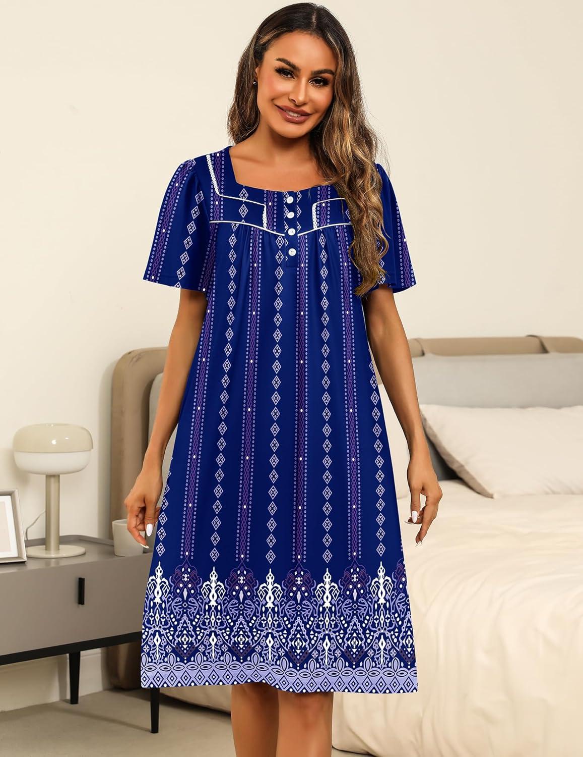 imageEkouaer Womens House Dress with Pockets Moomoo Dresses Short Sleeve Mumu Nightgown Lounge Dress Button Down SleepwearBlue Boho