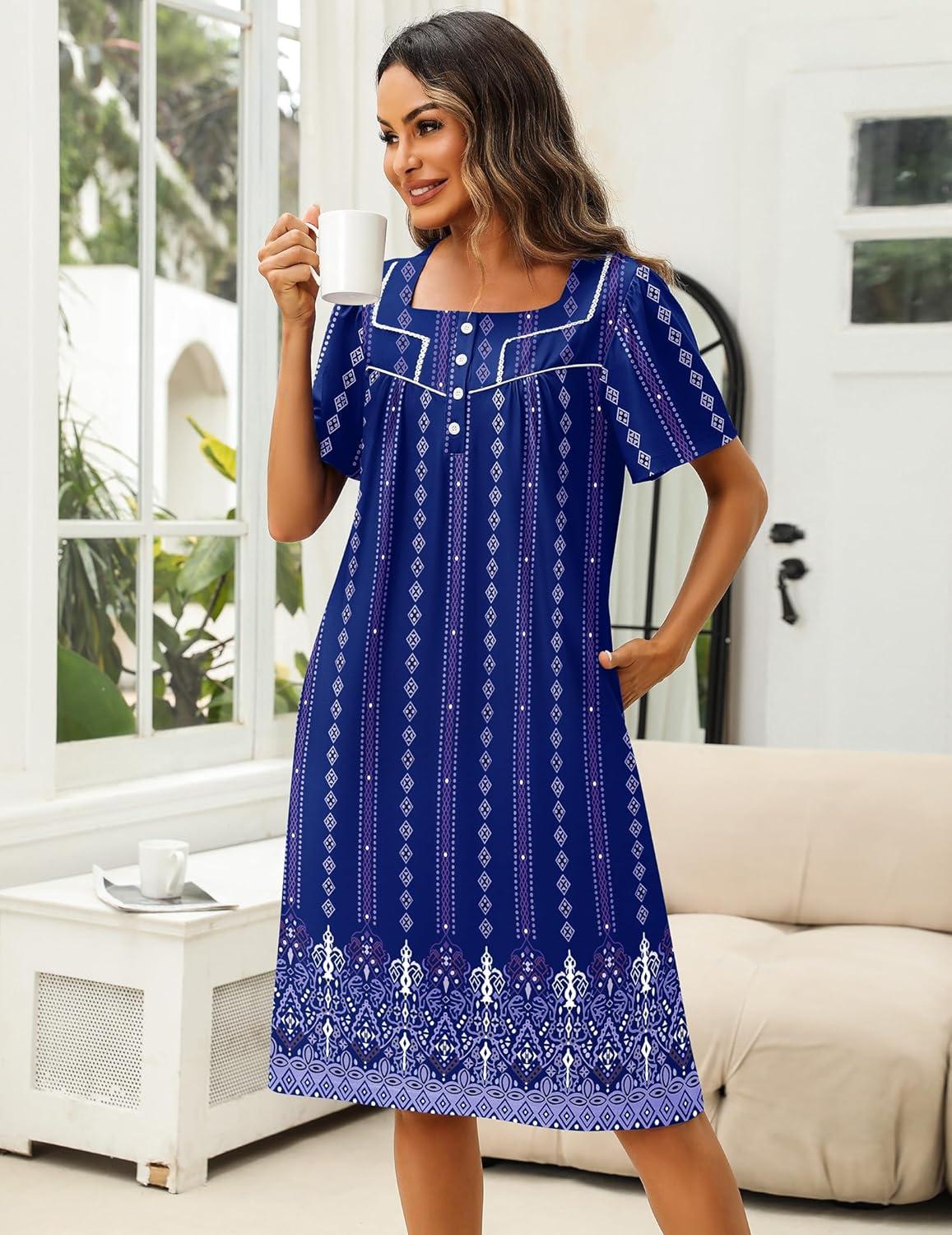 imageEkouaer Womens House Dress with Pockets Moomoo Dresses Short Sleeve Mumu Nightgown Lounge Dress Button Down SleepwearBlue Boho