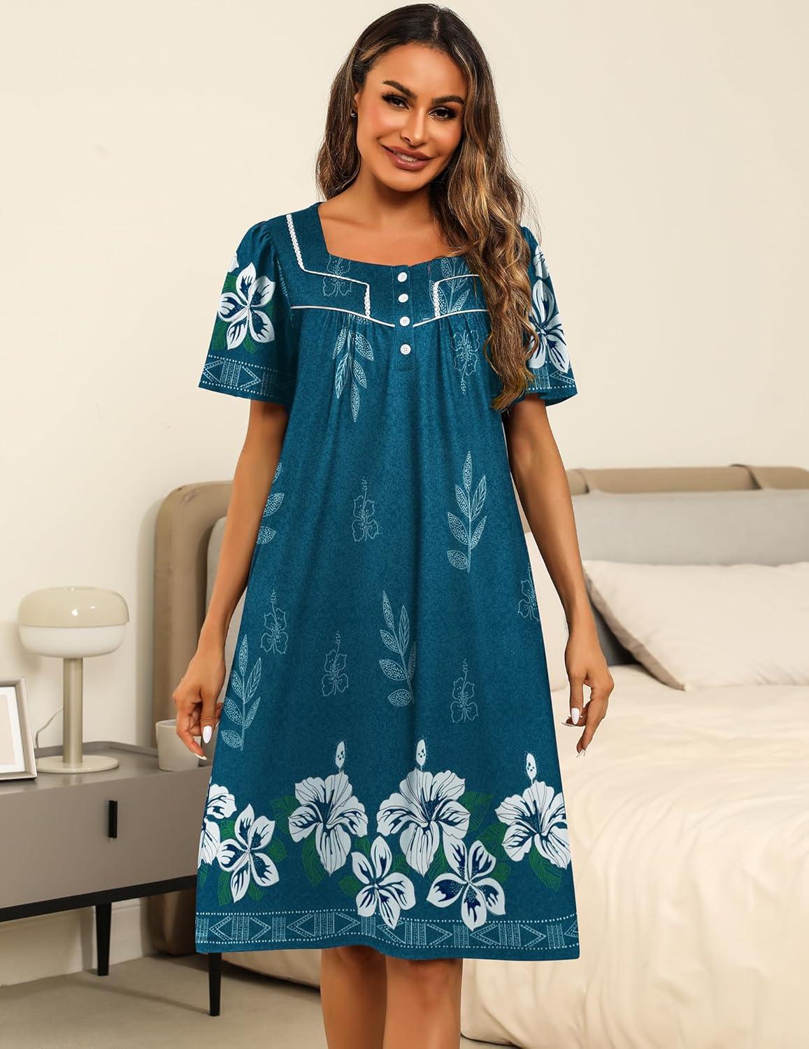 imageEkouaer Womens House Dress with Pockets Moomoo Dresses Short Sleeve Mumu Nightgown Lounge Dress Button Down SleepwearBlue With Flower