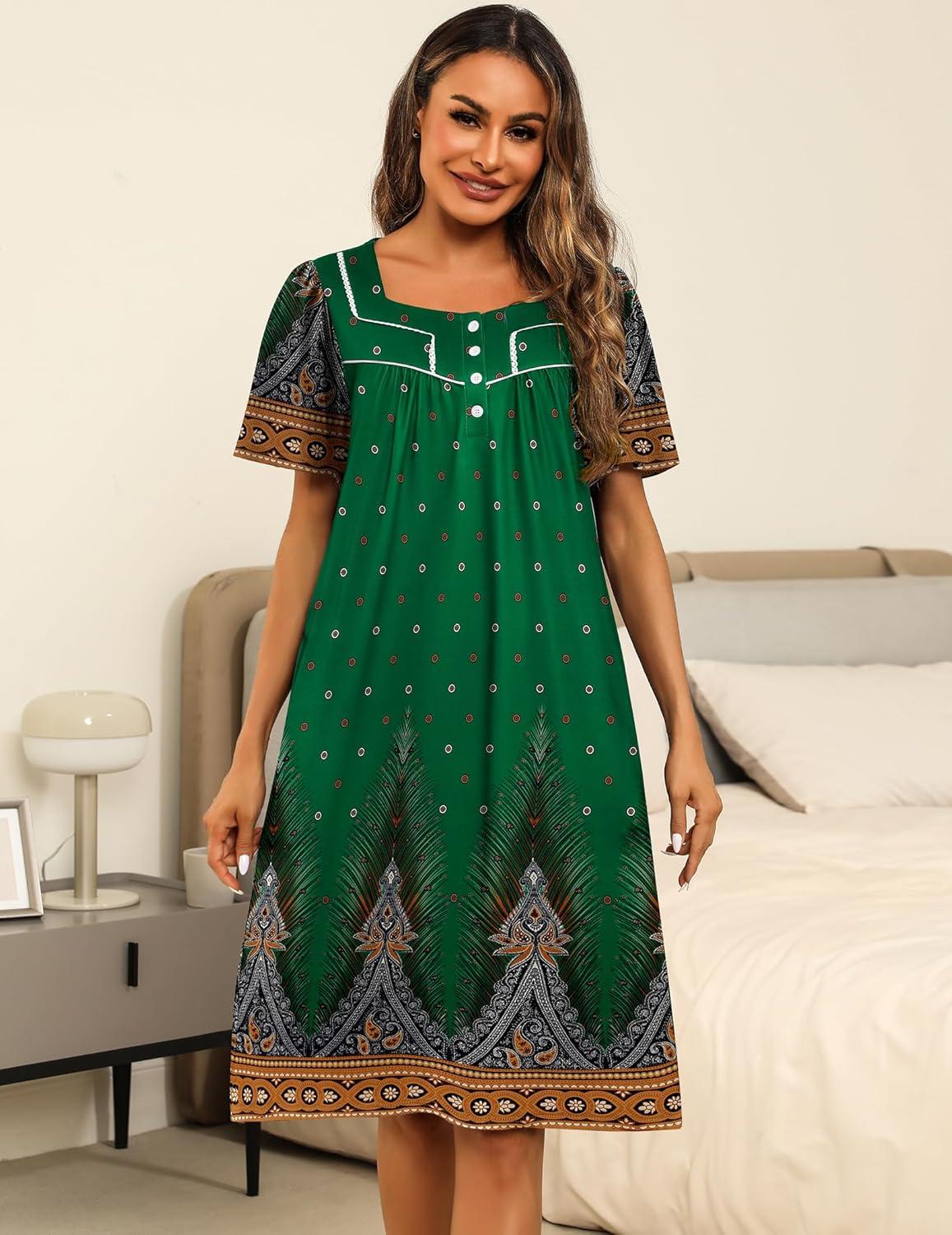 imageEkouaer Womens House Dress with Pockets Moomoo Dresses Short Sleeve Mumu Nightgown Lounge Dress Button Down SleepwearGreen Feather
