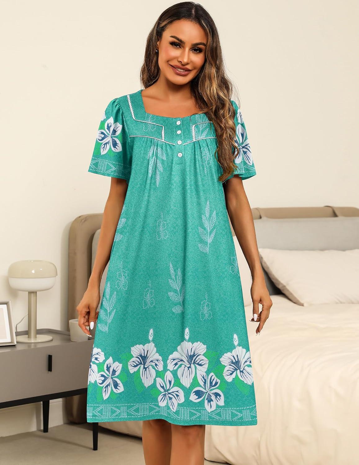 imageEkouaer Womens House Dress with Pockets Moomoo Dresses Short Sleeve Mumu Nightgown Lounge Dress Button Down SleepwearGreen With Flower