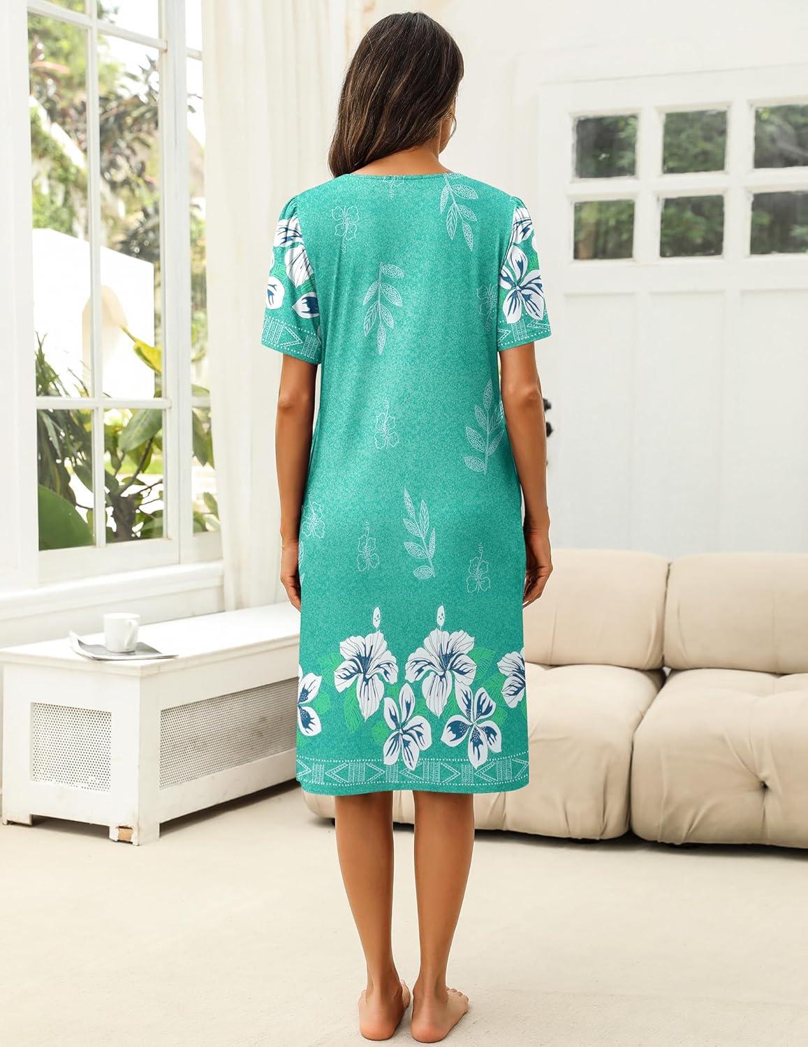 imageEkouaer Womens House Dress with Pockets Moomoo Dresses Short Sleeve Mumu Nightgown Lounge Dress Button Down SleepwearGreen With Flower