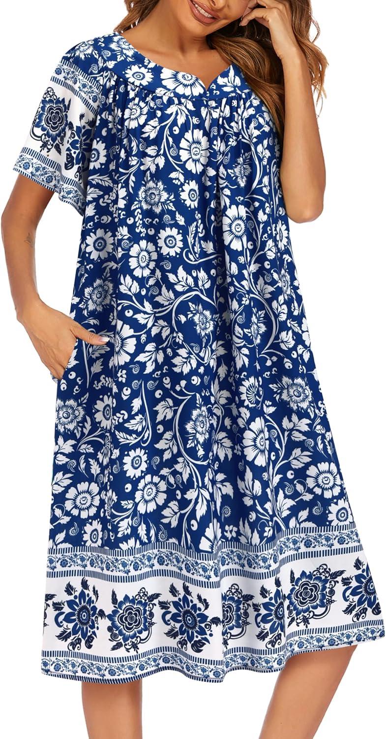 imageEkouaer Womens Nightgown Short Sleeve House Dress with PocketsFloral Print Mumu DressBlue Bohemian Flowers