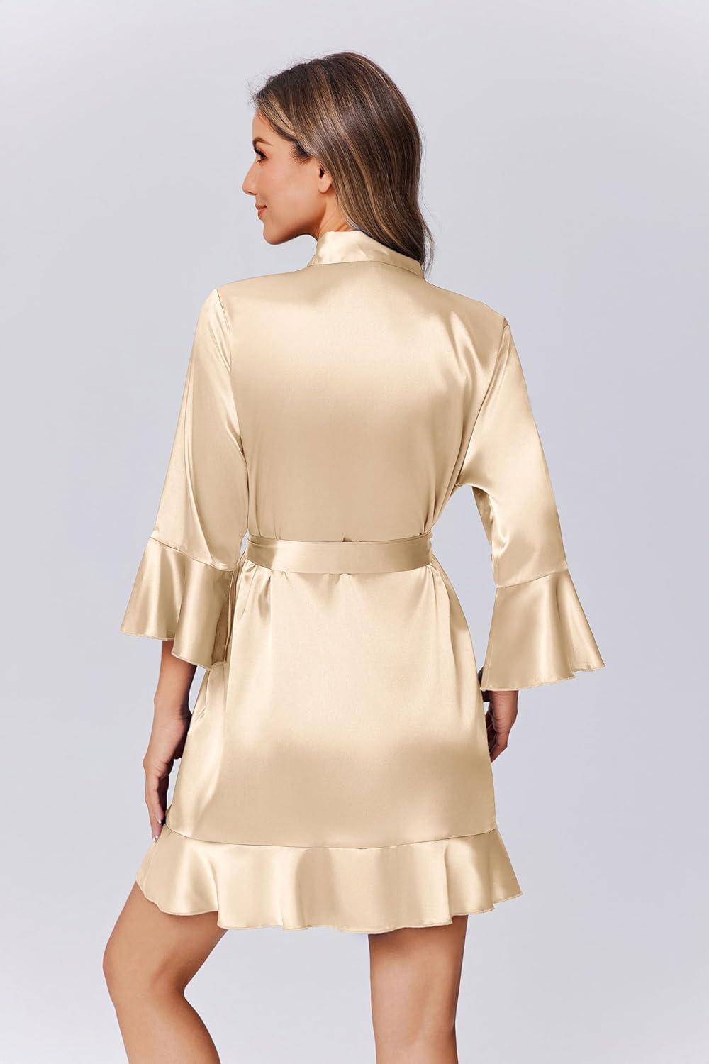 imageEkouaer Womens Silk Robe Satin Sexy Ruffle Robes Lightweight Soft Kimono Bathrobe Sexy Sleepwear Champaign Gold XS