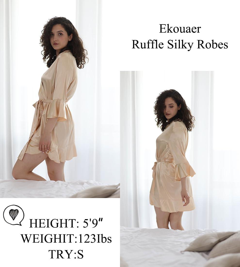 imageEkouaer Womens Silk Robe Satin Sexy Ruffle Robes Lightweight Soft Kimono Bathrobe Sexy Sleepwear Champaign Gold XS