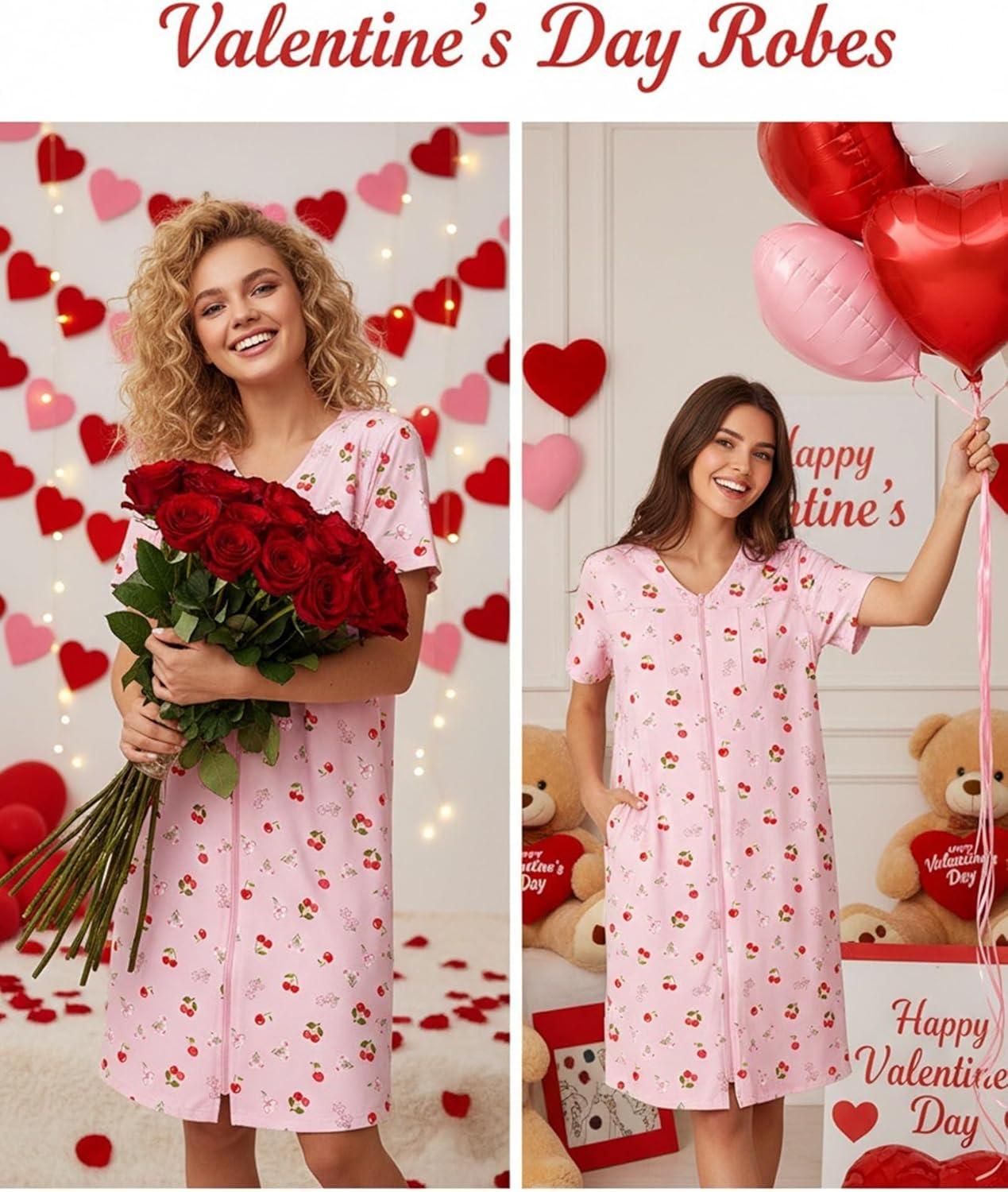 imageEkouaer Zipper Robes for Women Short Knit Bathrobes Lightweight Knee Length Housecoat with Pockets Nightgown S3XLCherry