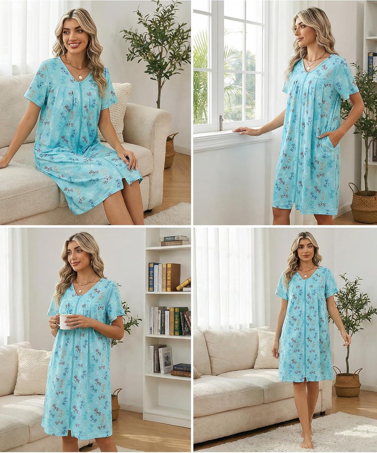 imageEkouaer Zipper Robes for Women Short Knit Bathrobes Lightweight Knee Length Housecoat with Pockets Nightgown S3XLLight Blue Butterfly
