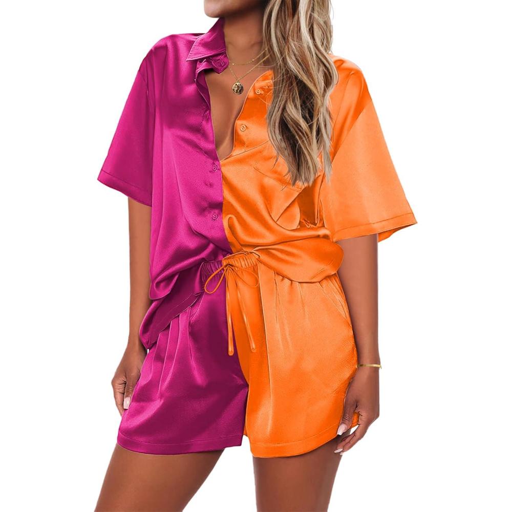 imageEkouaer 2 Piece Pajama Set Silk Soft Sleepwear Short Sleeve Causal Homewear PajamaPat1