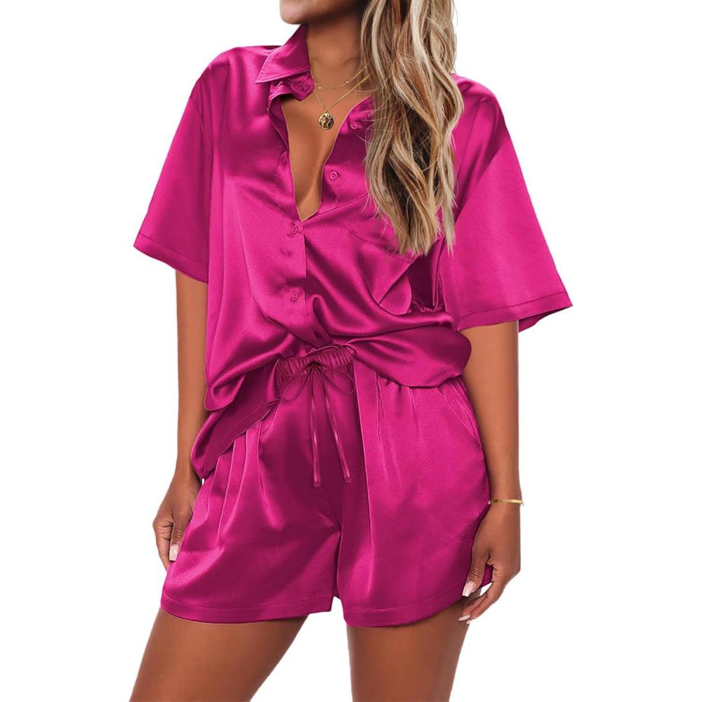 imageEkouaer 2 Piece Pajama Set Silk Soft Sleepwear Short Sleeve Causal Homewear PajamaRr