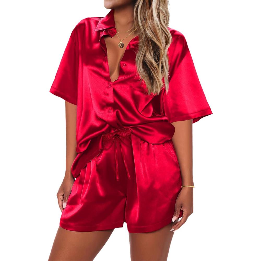 imageEkouaer 2 Piece Pajama Set Silk Soft Sleepwear Short Sleeve Causal Homewear PajamaTr