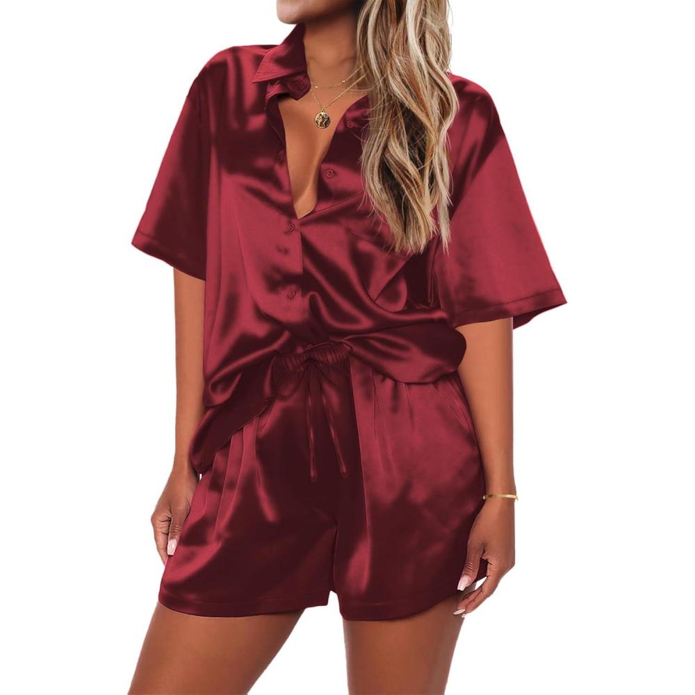 imageEkouaer 2 Piece Pajama Set Silk Soft Sleepwear Short Sleeve Causal Homewear PajamaWr