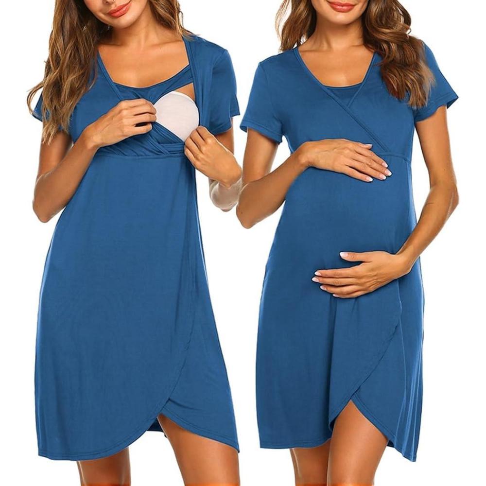 imageEkouaer Nursing Nightgown 3 In 1 Maternity Nightgown Short Sleeve Nursing Gown Breasfeeding Sleepwear Delivery DressBlue