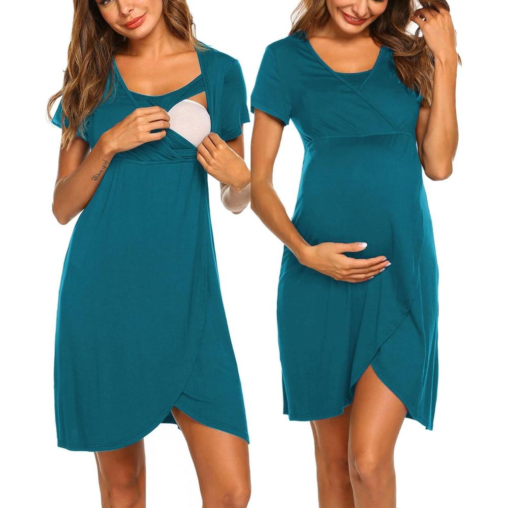 imageEkouaer Nursing Nightgown 3 In 1 Maternity Nightgown Short Sleeve Nursing Gown Breasfeeding Sleepwear Delivery DressBlue Green