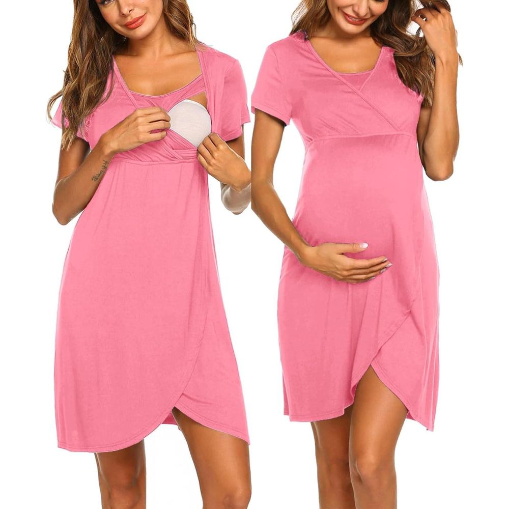 imageEkouaer Nursing Nightgown 3 In 1 Maternity Nightgown Short Sleeve Nursing Gown Breasfeeding Sleepwear Delivery DressDeep Pink