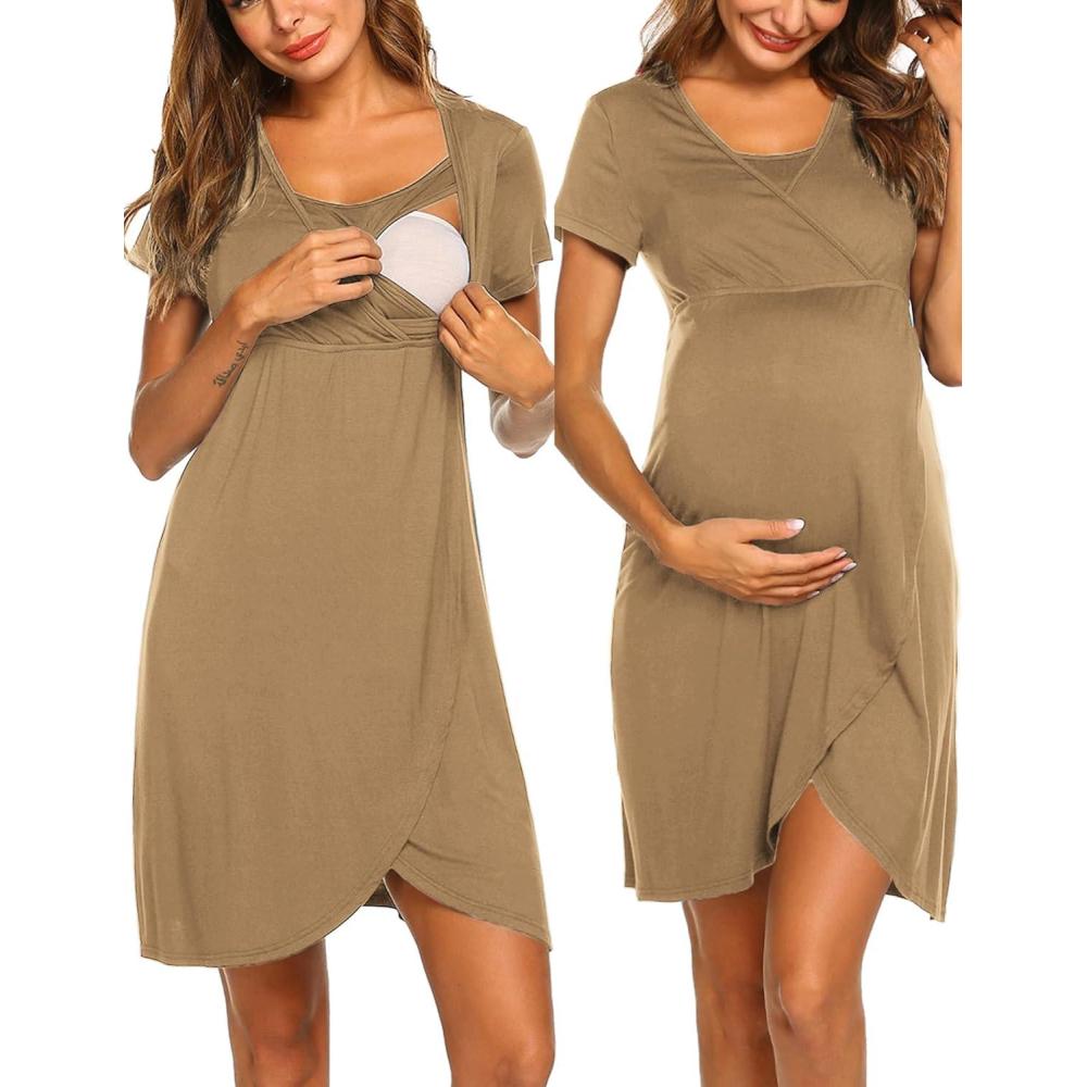 imageEkouaer Nursing Nightgown 3 In 1 Maternity Nightgown Short Sleeve Nursing Gown Breasfeeding Sleepwear Delivery DressKhaki