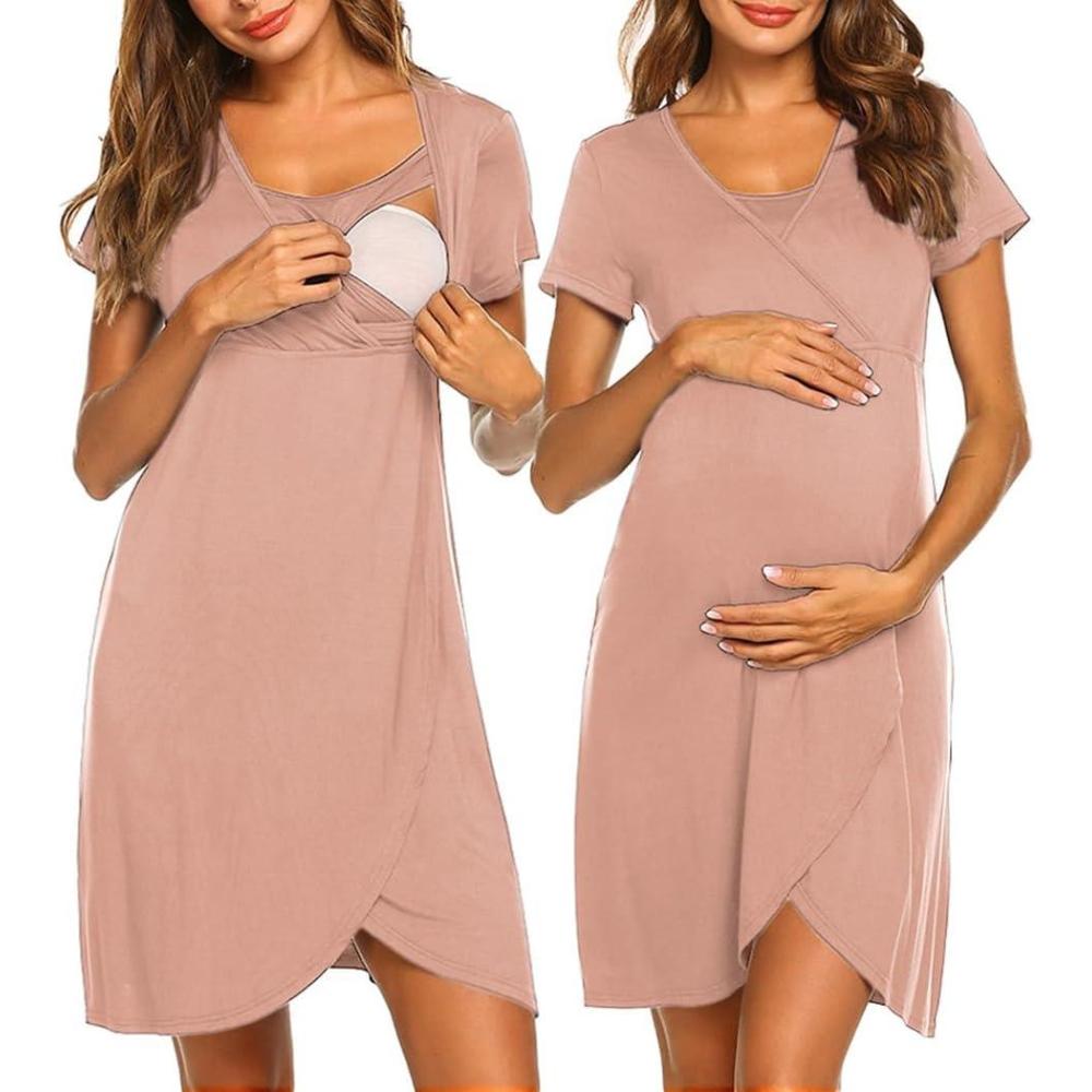 imageEkouaer Nursing Nightgown 3 In 1 Maternity Nightgown Short Sleeve Nursing Gown Breasfeeding Sleepwear Delivery DressLight Pink