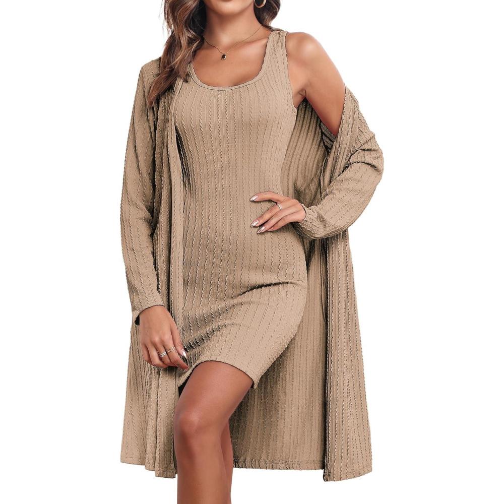 imageEkouaer Robe Sets for Women Sleepwear Rib Knit Bodycon Nightgown with Robes Set 2 Piece Soft Lightweight LoungewearKhaki