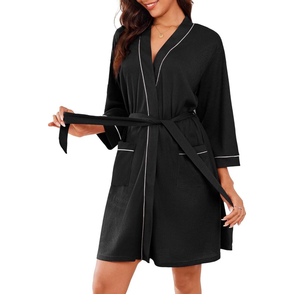 imageEkouaer Robes for Women Waffle Knee Length Bathrobe Lightweight Soft Sleepwear V neck 34 Casual Ladies Loungewear SXXLBlack