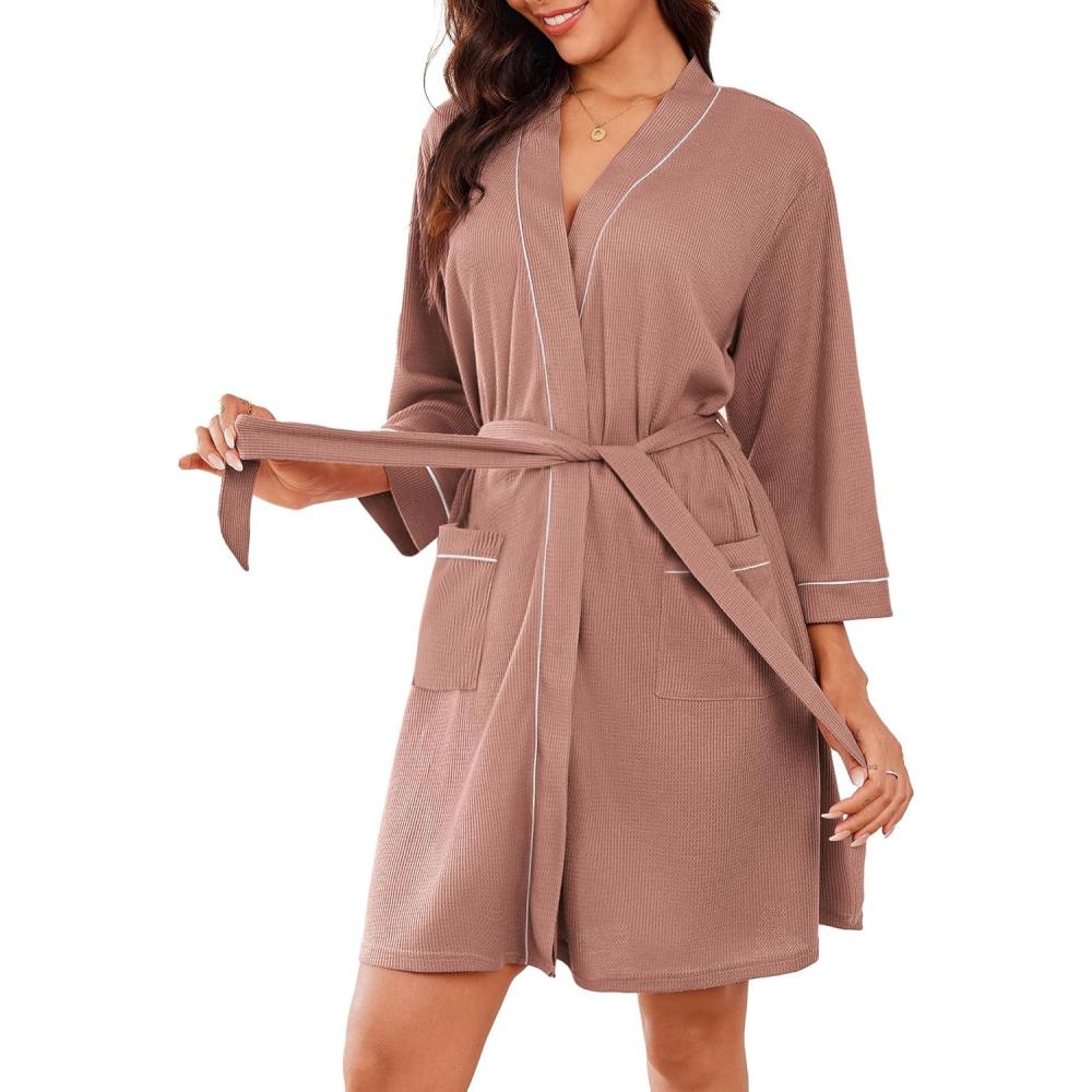 imageEkouaer Robes for Women Waffle Knee Length Bathrobe Lightweight Soft Sleepwear V neck 34 Casual Ladies Loungewear SXXLPiink