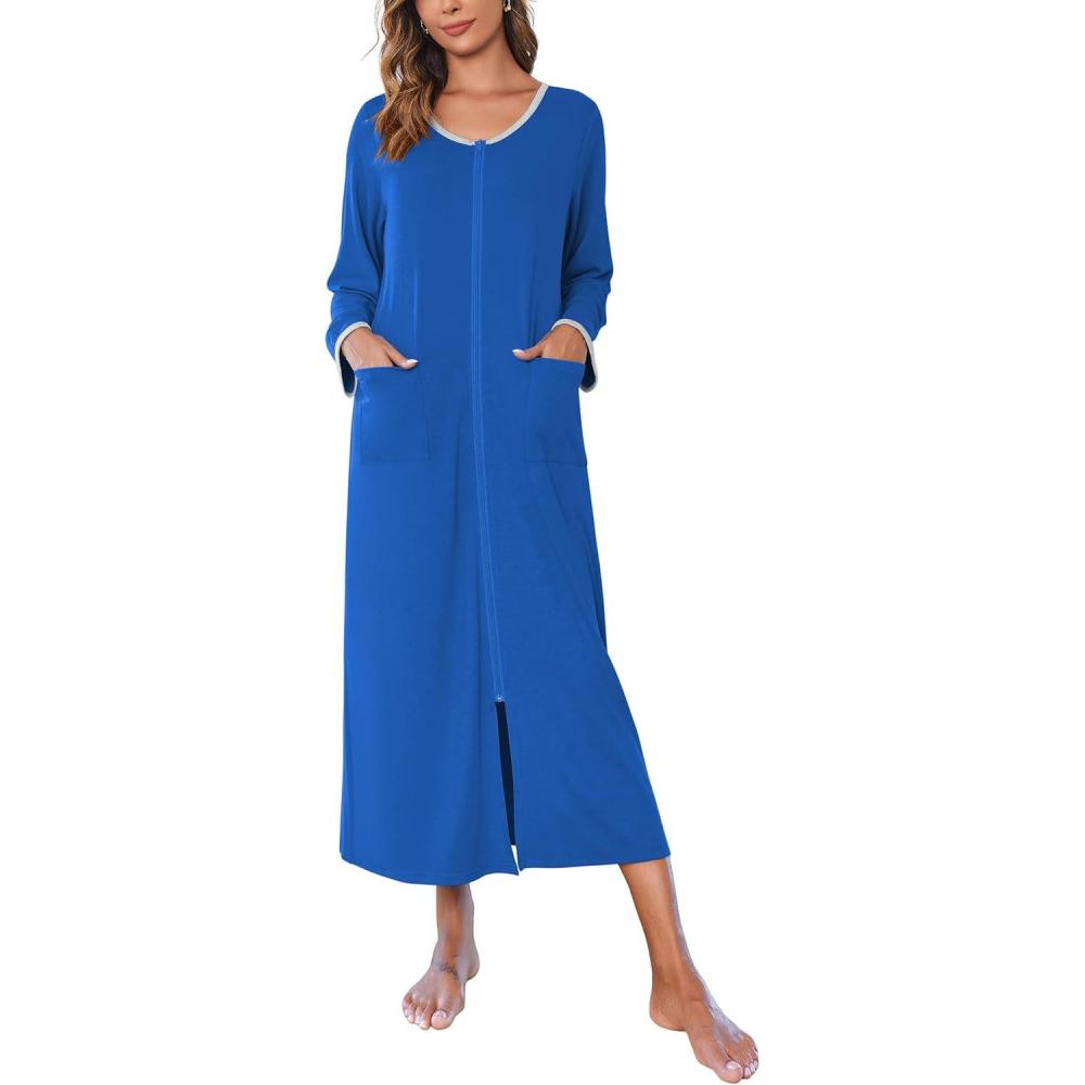 imageEkouaer Women Long House Coat Zipper Front Robes Full Length Nightgowns with Pockets Striped LoungewearNavy Small