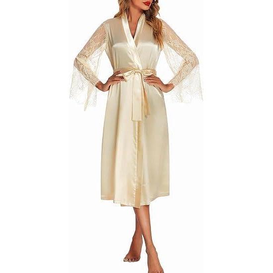 imageEkouaer Womens Floral Lace Kimono Robe Long Sleeves Dressing Gown Bathrobe Bride Robe NightwearDark Pink