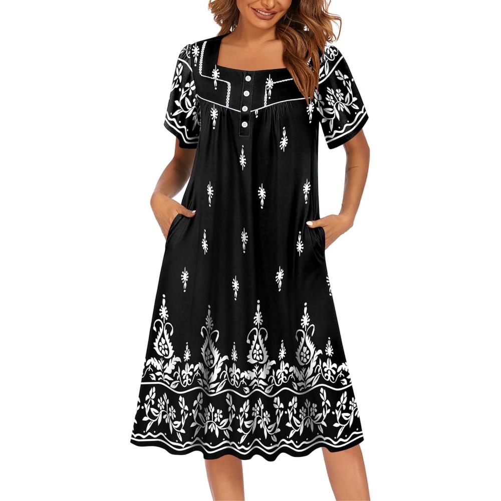 imageEkouaer Womens House Dress with Pockets Moomoo Dresses Short Sleeve Mumu Nightgown Lounge Dress Button Down SleepwearBlack Boho