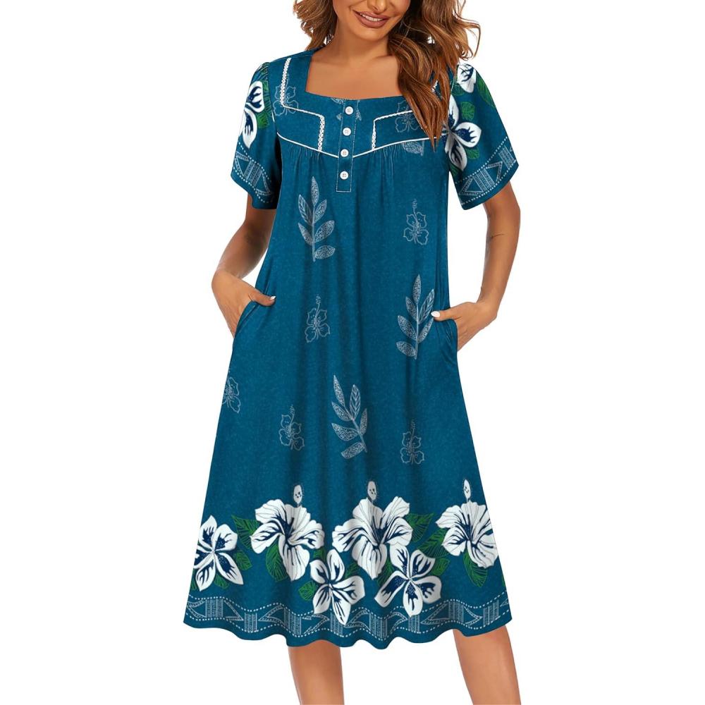 imageEkouaer Womens House Dress with Pockets Moomoo Dresses Short Sleeve Mumu Nightgown Lounge Dress Button Down SleepwearBlue With Flower