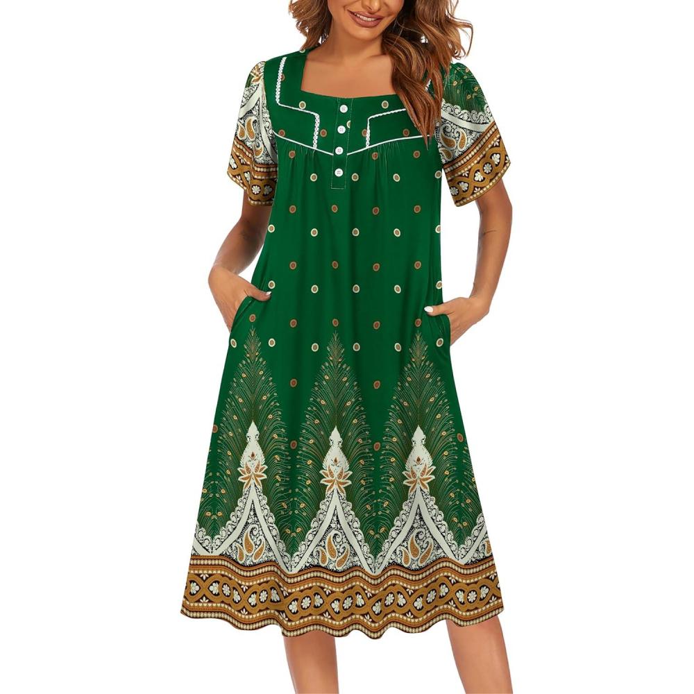 imageEkouaer Womens House Dress with Pockets Moomoo Dresses Short Sleeve Mumu Nightgown Lounge Dress Button Down SleepwearGreen Feather
