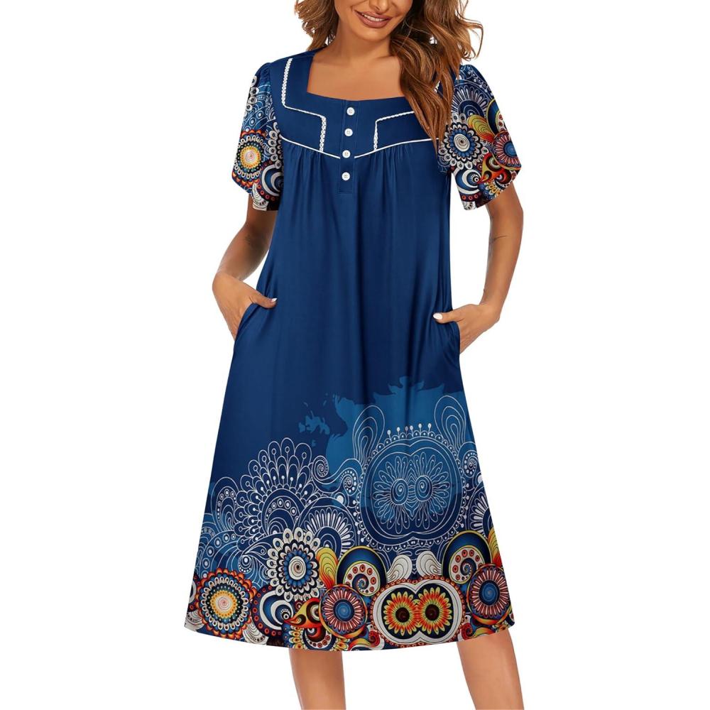 imageEkouaer Womens House Dress with Pockets Moomoo Dresses Short Sleeve Mumu Nightgown Lounge Dress Button Down SleepwearMandola