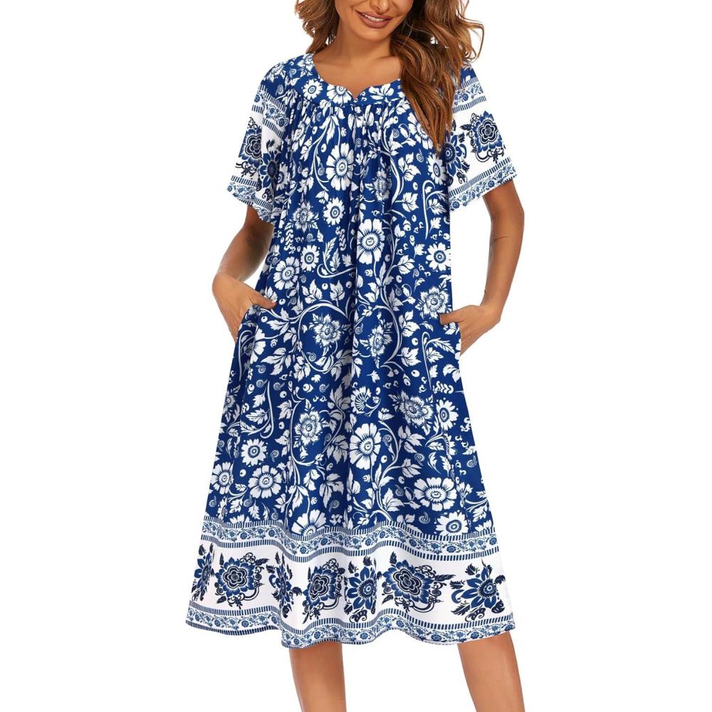 imageEkouaer Womens Nightgown Short Sleeve House Dress with PocketsFloral Print Mumu DressBlue Bohemian Flowers