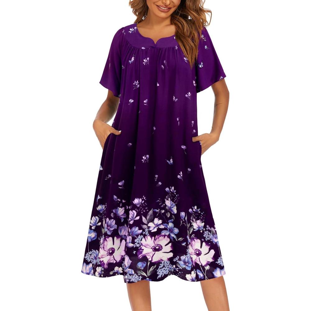 imageEkouaer Womens Nightgown Short Sleeve House Dress with PocketsFloral Print Mumu DressPurple Black Floral