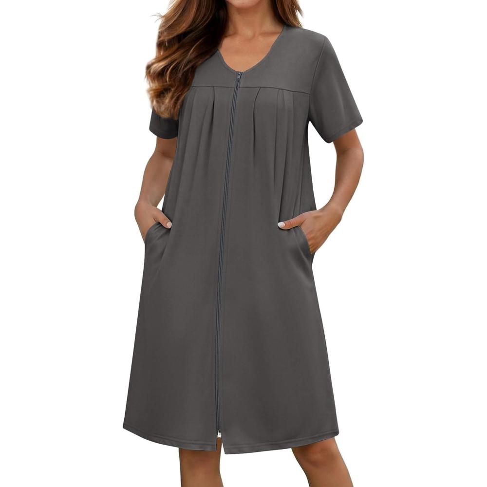 imageEkouaer Zipper Robes for Women Short Knit Bathrobes Lightweight Knee Length Housecoat with Pockets Nightgown S3XLDark Gray