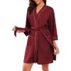 Ekouaer Robes for Women Waffle Knee Length Bathrobe Lightweight Soft Sleepwear V neck 3/4 Casual Ladies Loungewear S-XXL(Wine Red)