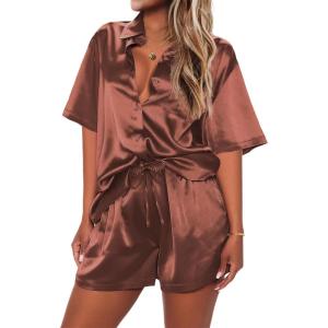 Ekouaer 2 Piece Pajama Set Silk Soft Sleepwear Short Sleeve Causal Homewear Pajama(Br)