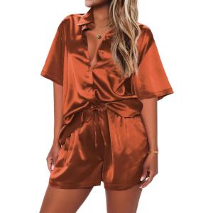 Ekouaer 2 Piece Pajama Set Silk Soft Sleepwear Short Sleeve Causal Homewear Pajama(Cac)