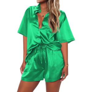 Ekouaer 2 Piece Pajama Set Silk Soft Sleepwear Short Sleeve Causal Homewear Pajama(Gt)
