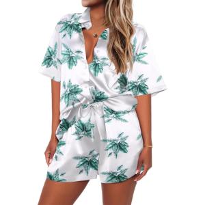Ekouaer 2 Piece Pajama Set Silk Soft Sleepwear Short Sleeve Causal Homewear Pajama(Hp2)