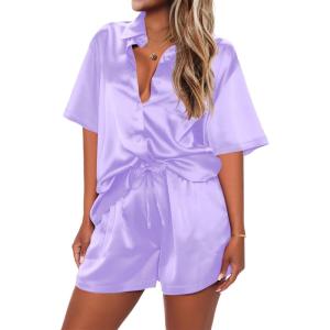 Ekouaer 2 Piece Pajama Set Silk Soft Sleepwear Short Sleeve Causal Homewear Pajama(Lil)