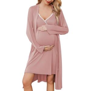 Ekouaer Maternity Nursing Gown and Robe Set Nursing 3 In 1 Labor Delivery Nightgowns for Hospital Breastfeeding Gowns Light Pink Medium