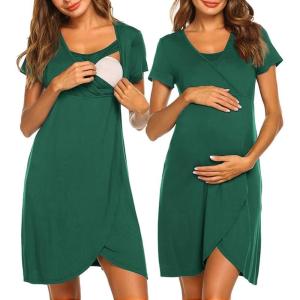 Ekouaer Nursing Nightgown 3 In 1 Maternity Nightgown Short Sleeve Nursing Gown Breasfeeding Sleepwear Delivery Dress(Deep Green)