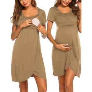 Ekouaer Nursing Nightgown 3 In 1 Maternity Nightgown Short Sleeve Nursing Gown Breasfeeding Sleepwear Delivery Dress(Khaki)