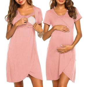 Ekouaer Nursing Nightgown 3 In 1 Maternity Nightgown Short Sleeve Nursing Gown Breasfeeding Sleepwear Delivery Dress(Pink)